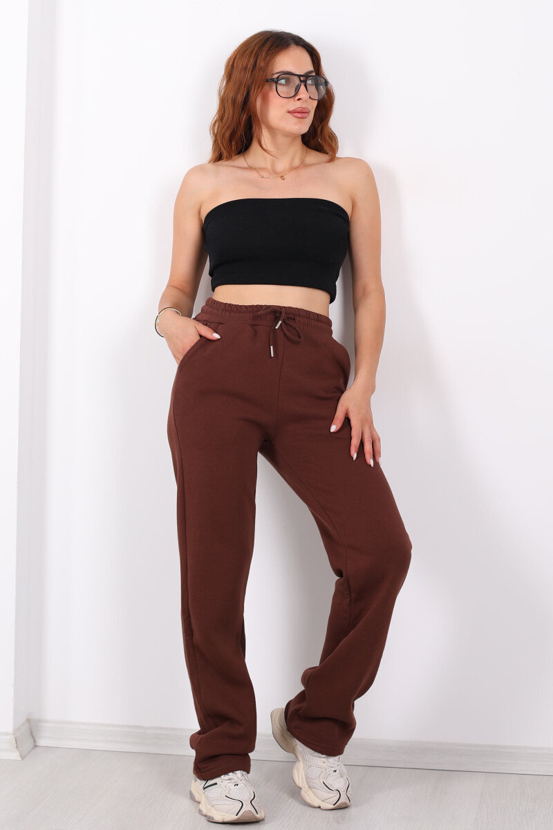 Beli Lastikli Üç İp Boru Paça Acı Kahve Kadın Eşofman Alt - 1