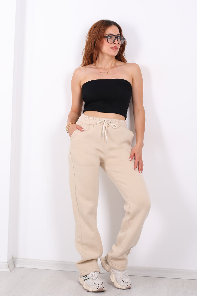 Beli Lastikli Üç İp Boru Paça Bej Kadın Eşofman Alt - 3