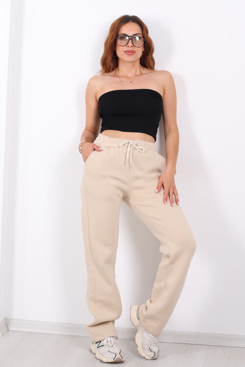 Beli Lastikli Üç İp Boru Paça Bej Kadın Eşofman Alt - 4