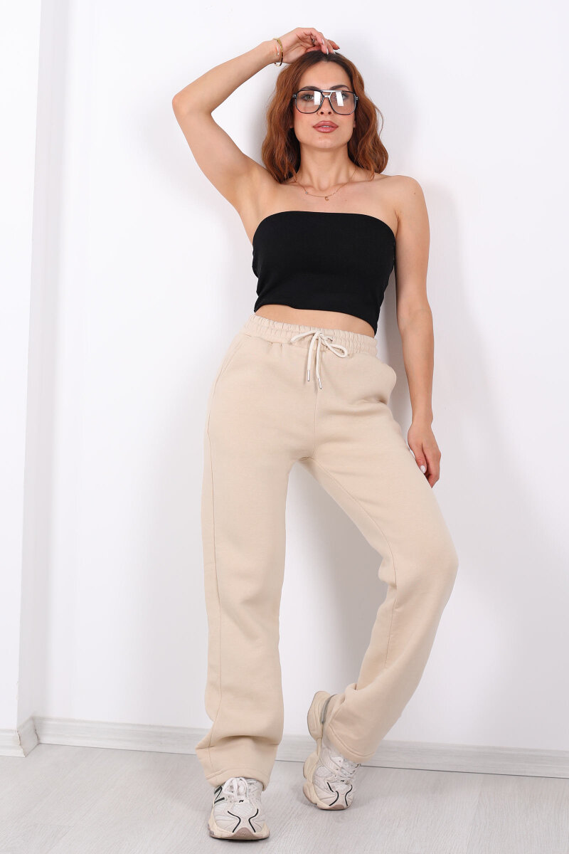 Beli Lastikli Üç İp Boru Paça Bej Kadın Eşofman Alt - 1