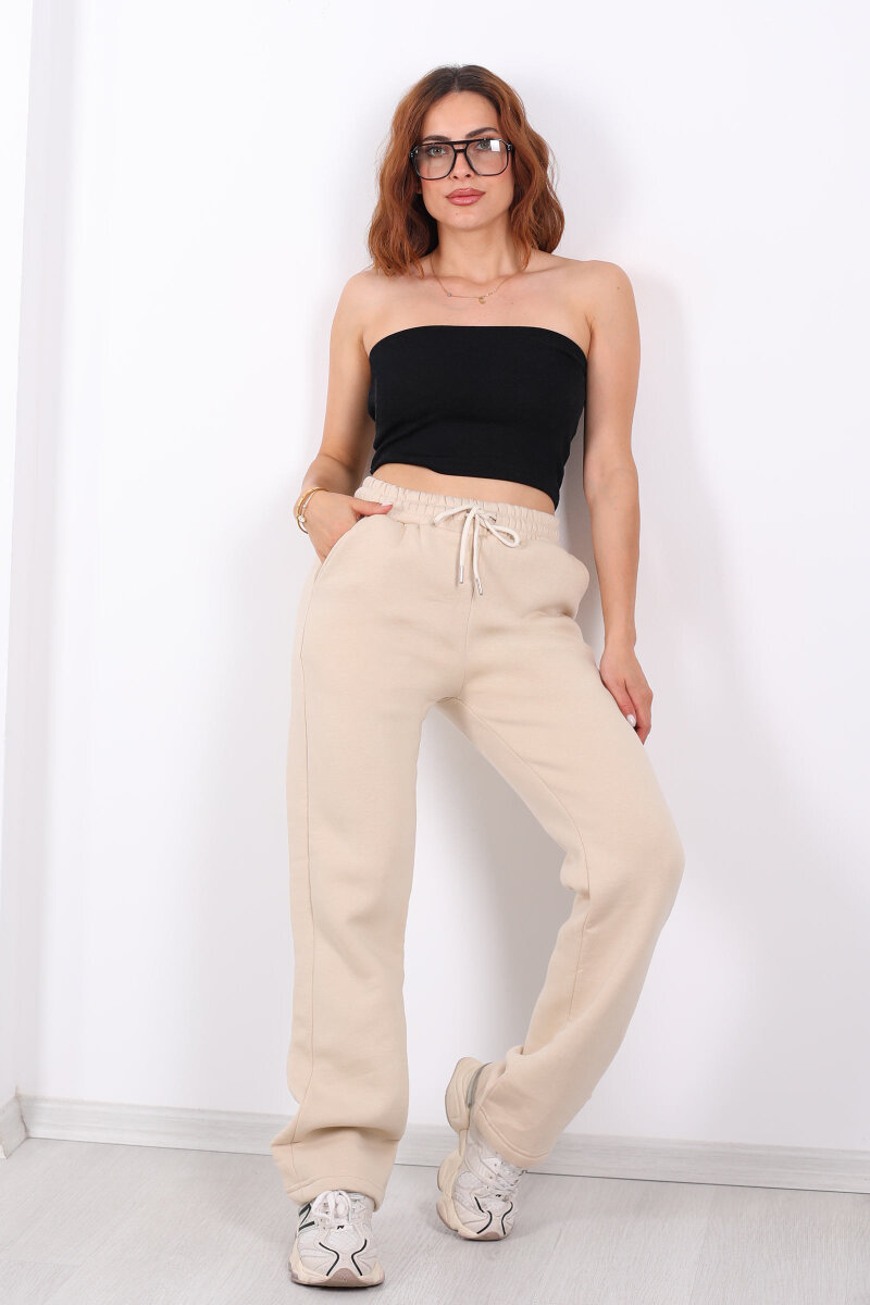 Beli Lastikli Üç İp Boru Paça Bej Kadın Eşofman Alt - 6