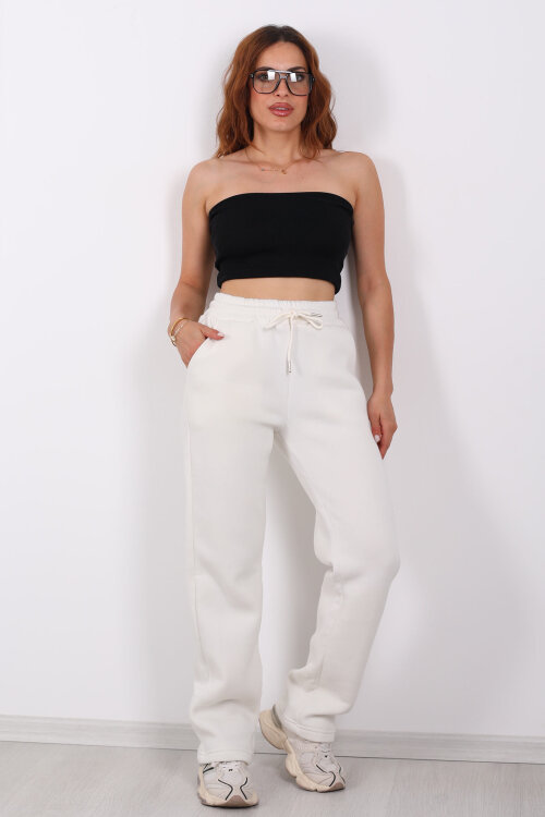 Beli Lastikli Üç İp Boru Paça Beyaz Kadın Eşofman Alt - 4