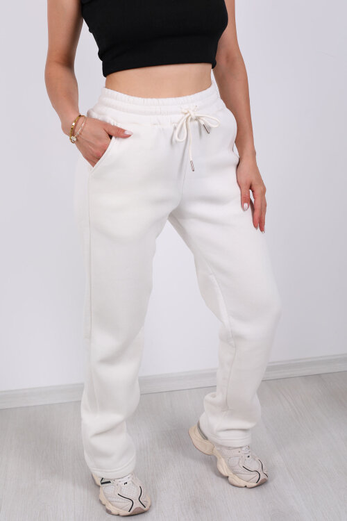 Beli Lastikli Üç İp Boru Paça Beyaz Kadın Eşofman Alt - Berox (1)