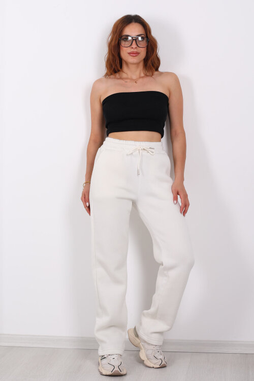 Beli Lastikli Üç İp Boru Paça Beyaz Kadın Eşofman Alt - 6