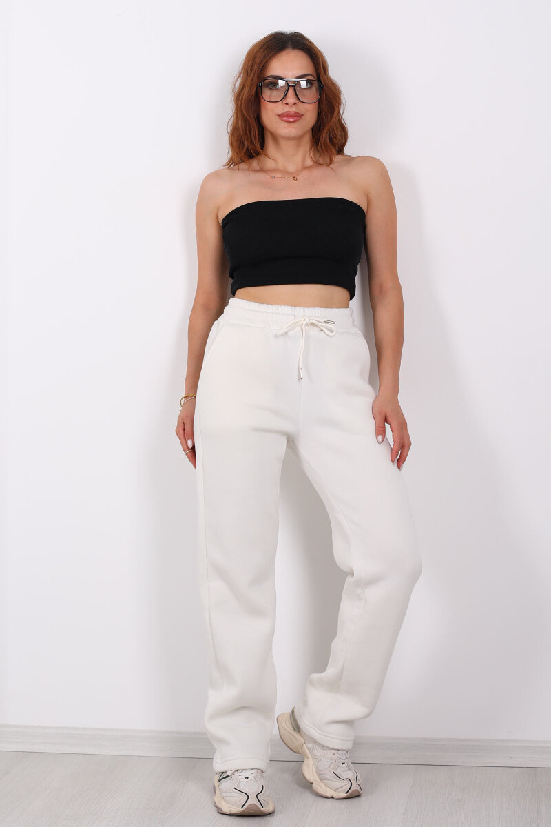 Beli Lastikli Üç İp Boru Paça Beyaz Kadın Eşofman Alt - 6