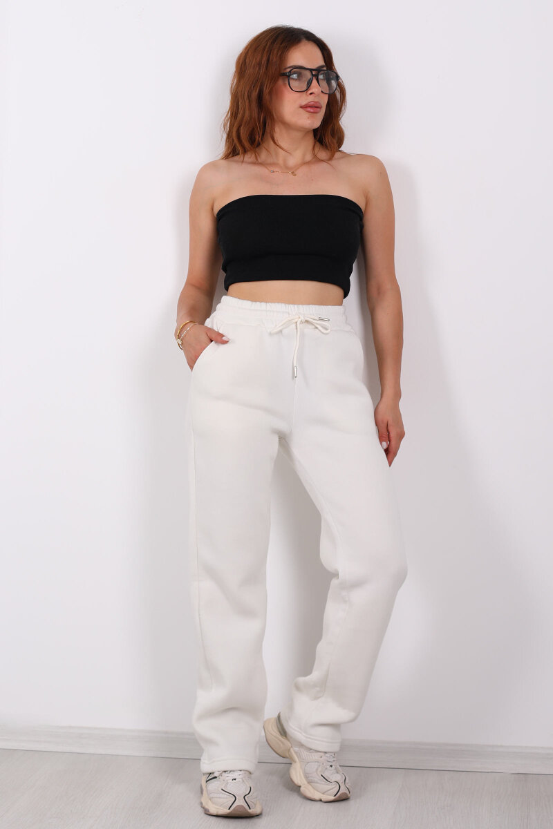 Beli Lastikli Üç İp Boru Paça Beyaz Kadın Eşofman Alt - 1