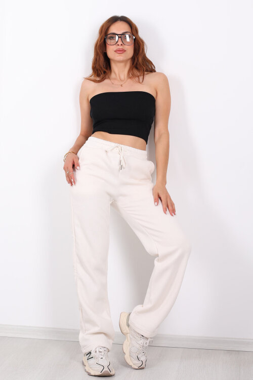 Beli Lastikli Üç İp Boru Paça Ekru Kadın Eşofman Alt - 4