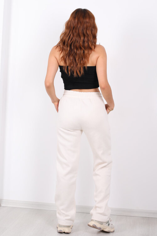 Beli Lastikli Üç İp Boru Paça Ekru Kadın Eşofman Alt - 5