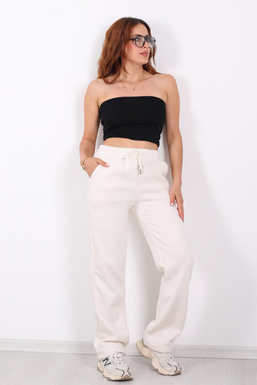 Beli Lastikli Üç İp Boru Paça Ekru Kadın Eşofman Alt - 3