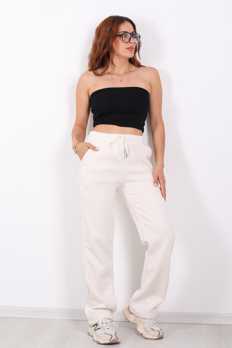 Beli Lastikli Üç İp Boru Paça Ekru Kadın Eşofman Alt - 3