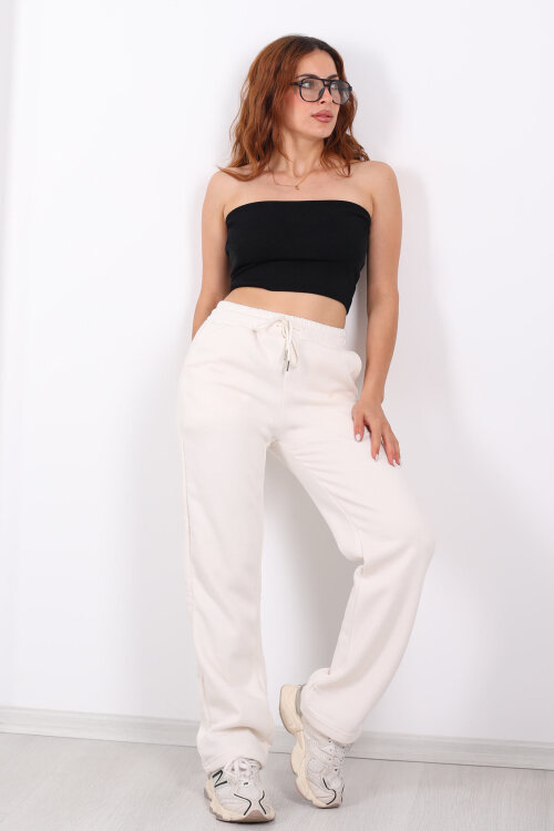 Beli Lastikli Üç İp Boru Paça Ekru Kadın Eşofman Alt - 6