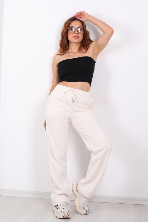 Beli Lastikli Üç İp Boru Paça Ekru Kadın Eşofman Alt - Berox