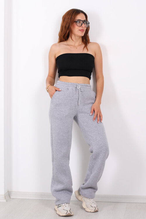 Beli Lastikli Üç İp Boru Paça Gri Melanj Kadın Eşofman Alt - 6