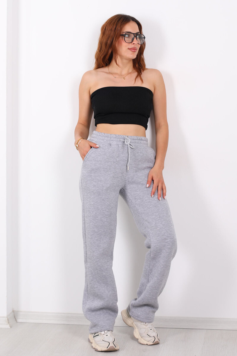 Beli Lastikli Üç İp Boru Paça Gri Melanj Kadın Eşofman Alt - 6