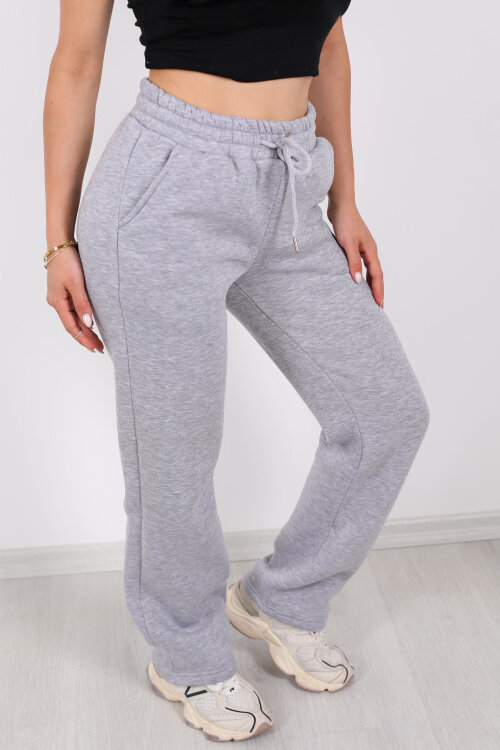 Beli Lastikli Üç İp Boru Paça Gri Melanj Kadın Eşofman Alt - Berox (1)