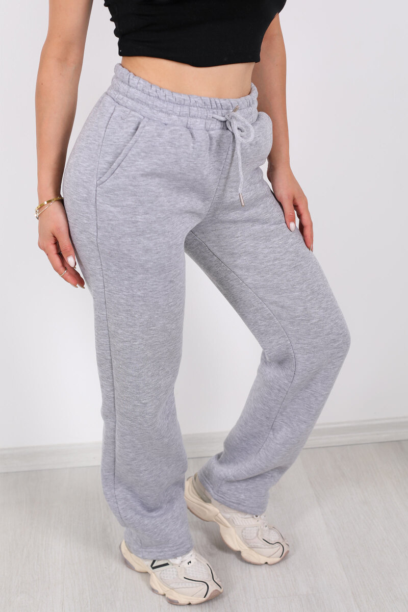 Beli Lastikli Üç İp Boru Paça Gri Melanj Kadın Eşofman Alt - 2