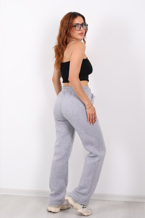 Beli Lastikli Üç İp Boru Paça Gri Melanj Kadın Eşofman Alt - 5