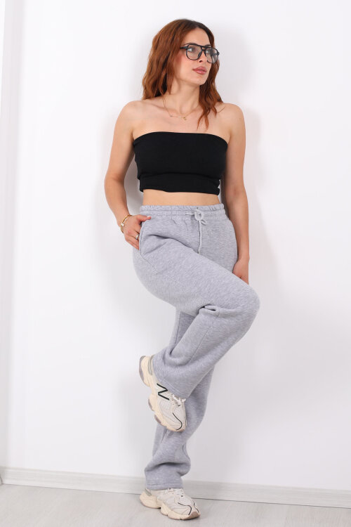 Beli Lastikli Üç İp Boru Paça Gri Melanj Kadın Eşofman Alt - 3