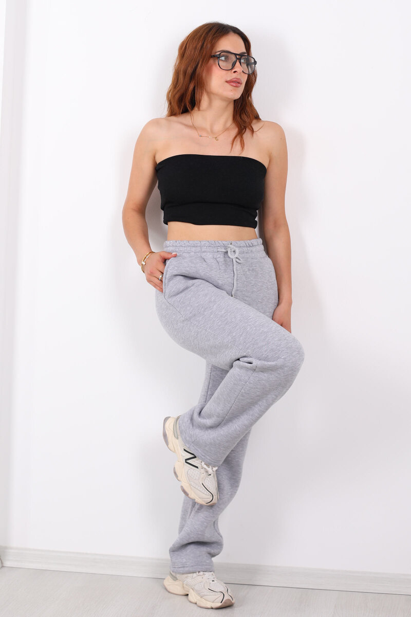 Beli Lastikli Üç İp Boru Paça Gri Melanj Kadın Eşofman Alt - 3