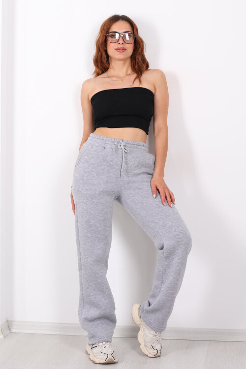 Beli Lastikli Üç İp Boru Paça Gri Melanj Kadın Eşofman Alt - 4