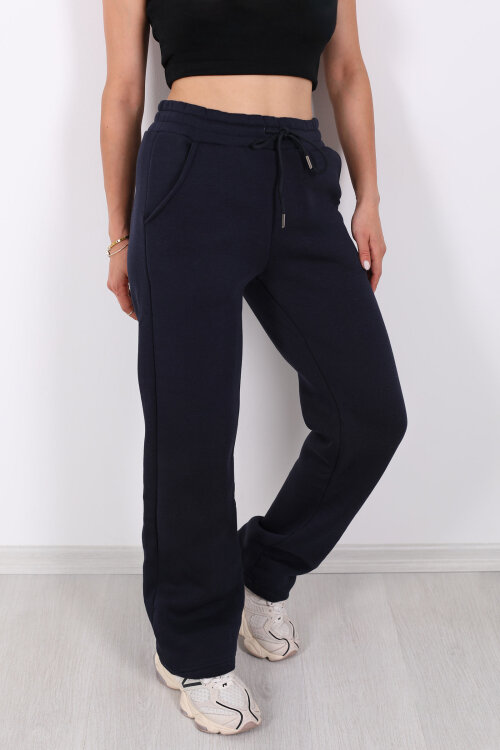 Beli Lastikli Üç İp Boru Paça Lacivert Kadın Eşofman Alt - Berox (1)