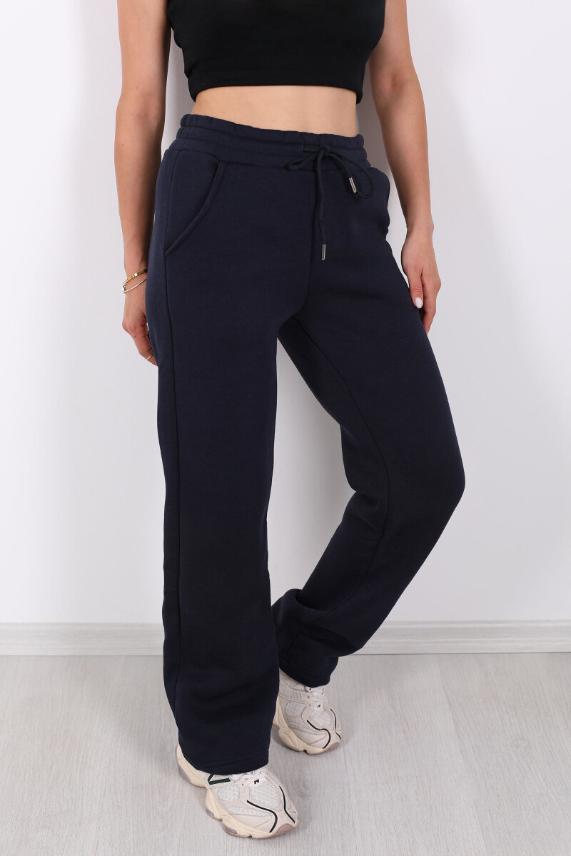 Beli Lastikli Üç İp Boru Paça Lacivert Kadın Eşofman Alt - 2