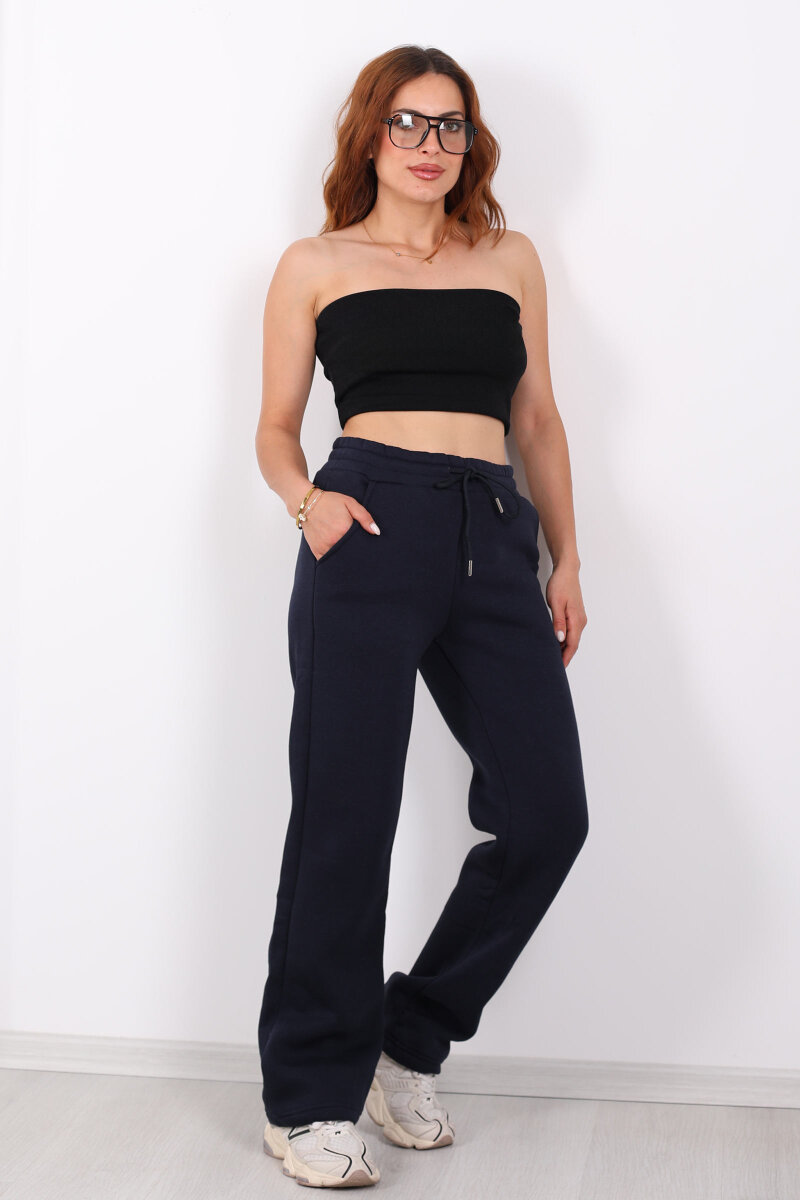 Beli Lastikli Üç İp Boru Paça Lacivert Kadın Eşofman Alt - 4