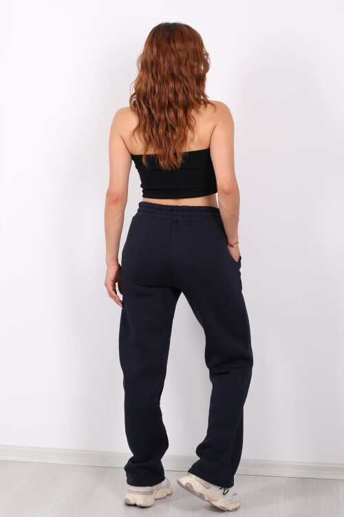 Beli Lastikli Üç İp Boru Paça Lacivert Kadın Eşofman Alt - 5