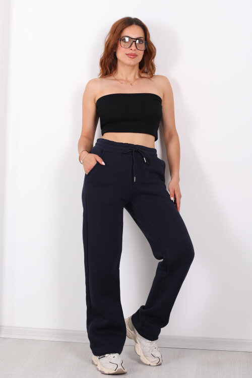 Beli Lastikli Üç İp Boru Paça Lacivert Kadın Eşofman Alt - Berox