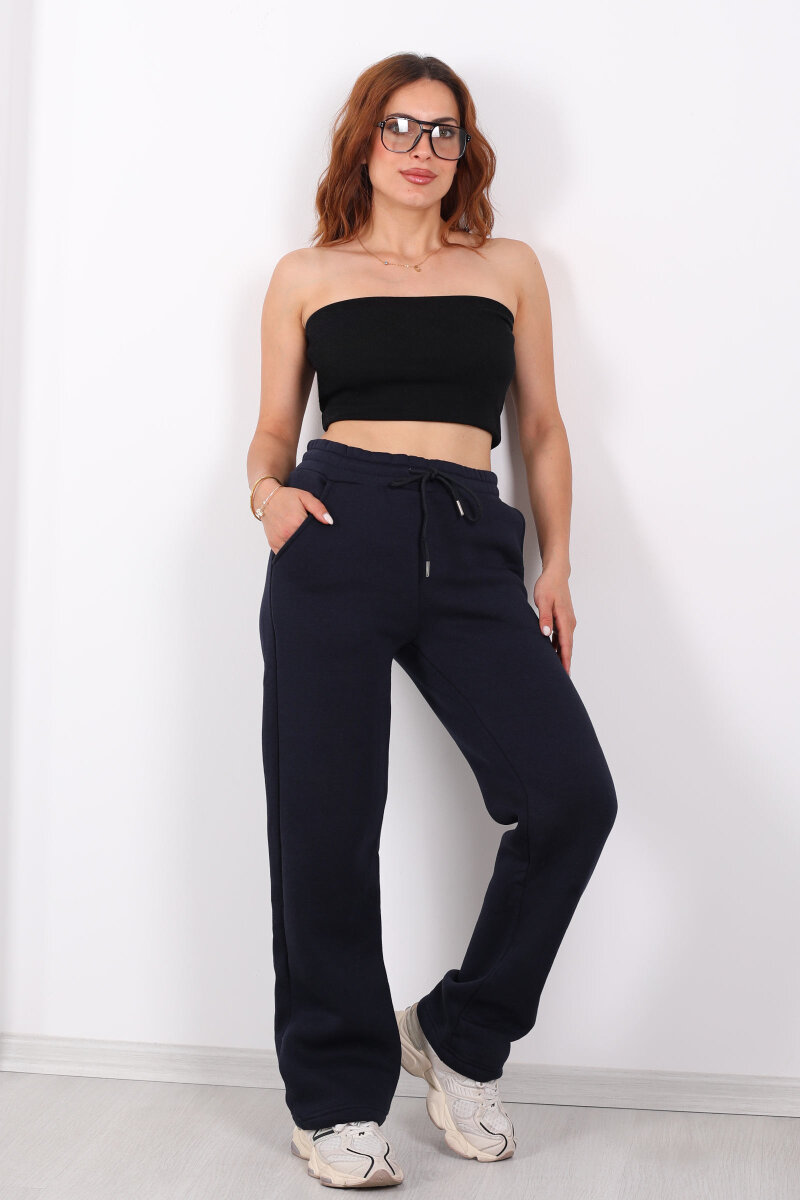 Beli Lastikli Üç İp Boru Paça Lacivert Kadın Eşofman Alt - 1