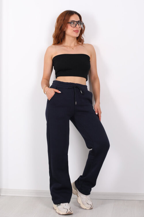 Beli Lastikli Üç İp Boru Paça Lacivert Kadın Eşofman Alt - 3