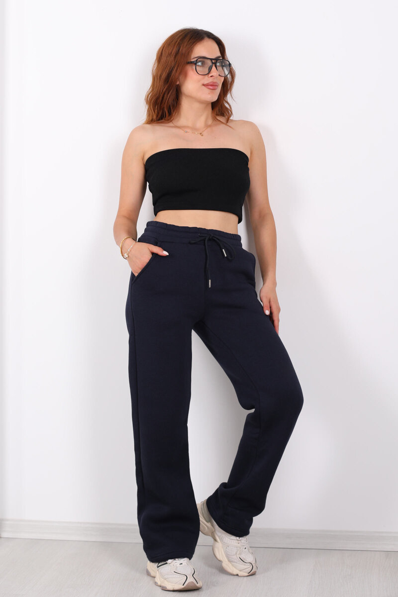 Beli Lastikli Üç İp Boru Paça Lacivert Kadın Eşofman Alt - 3