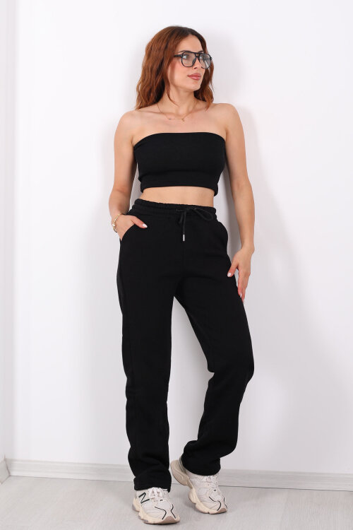 Beli Lastikli Üç İp Boru Paça Lacivert Kadın Eşofman Alt - 6