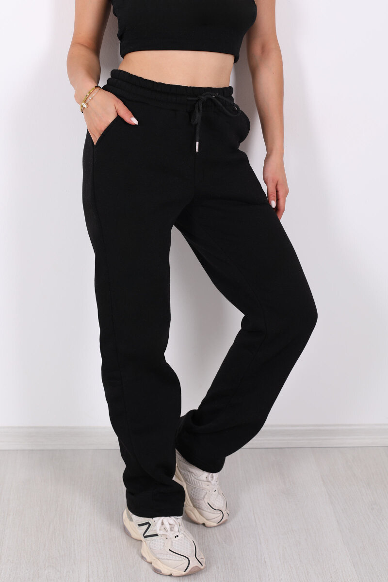 Beli Lastikli Üç İp Boru Paça Siyah Kadın Eşofman Alt - 2