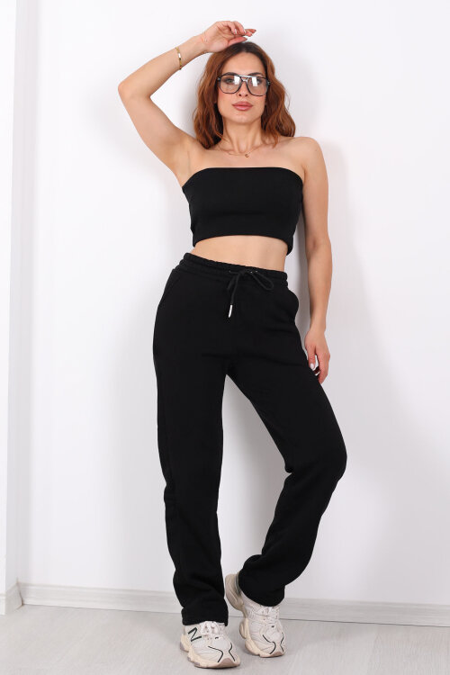 Beli Lastikli Üç İp Boru Paça Siyah Kadın Eşofman Alt - Berox