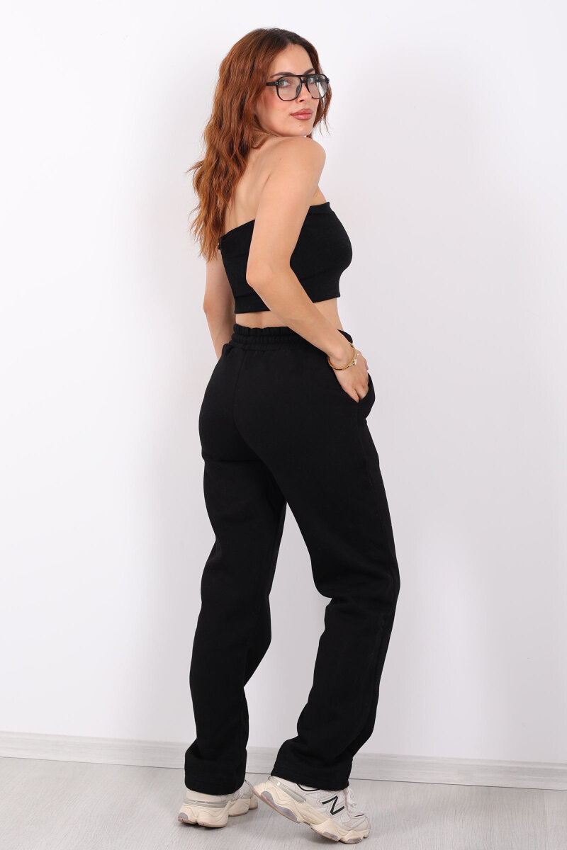 Beli Lastikli Üç İp Boru Paça Siyah Kadın Eşofman Alt - 4