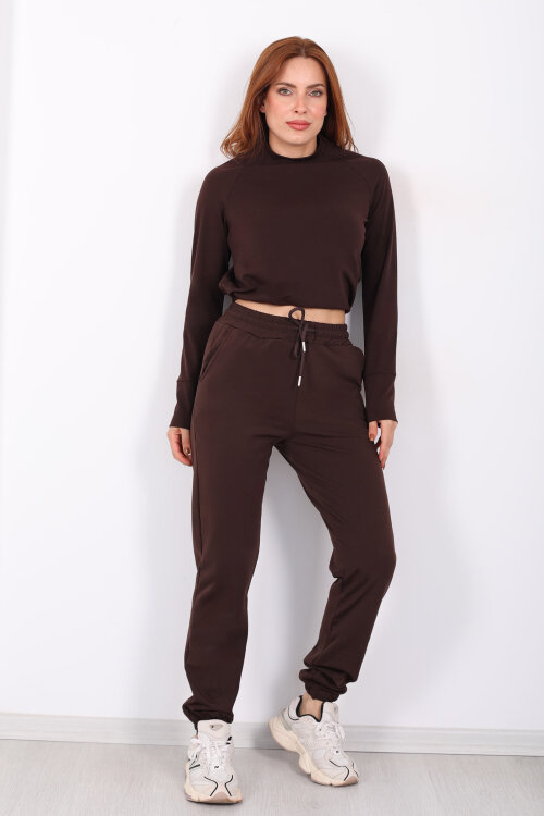 Beli Lastikli Üç İplik Acı Kahve Kadın Jogger Eşofman Altı - 6