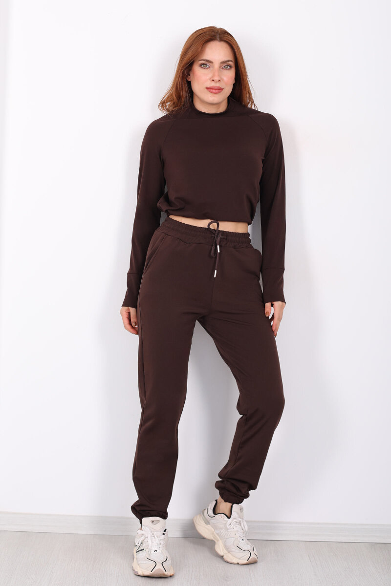 Beli Lastikli Üç İplik Acı Kahve Kadın Jogger Eşofman Altı - 6