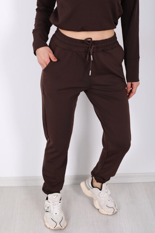 Beli Lastikli Üç İplik Acı Kahve Kadın Jogger Eşofman Altı - Berox (1)