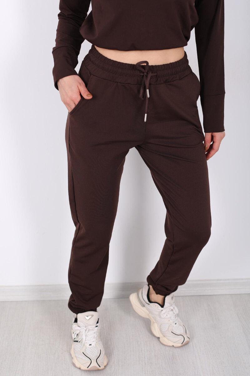 Beli Lastikli Üç İplik Acı Kahve Kadın Jogger Eşofman Altı - 2