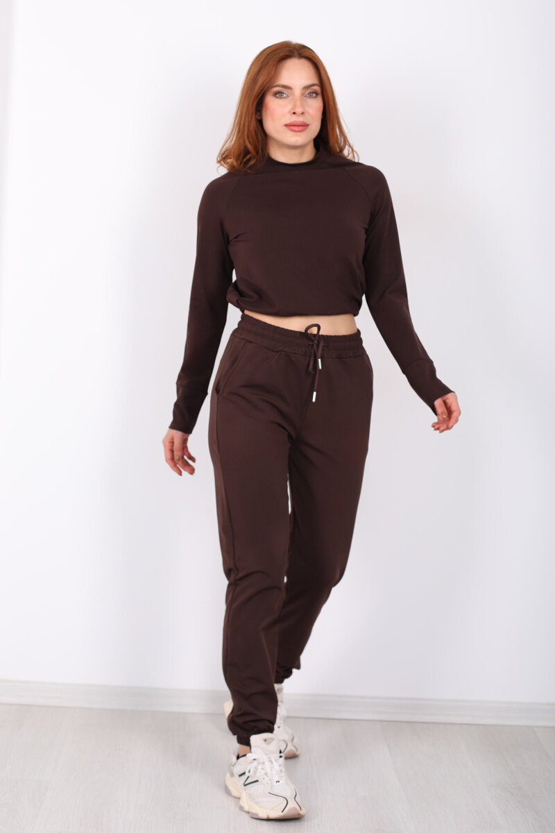 Beli Lastikli Üç İplik Acı Kahve Kadın Jogger Eşofman Altı - 3