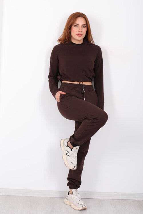 Beli Lastikli Üç İplik Acı Kahve Kadın Jogger Eşofman Altı - 4