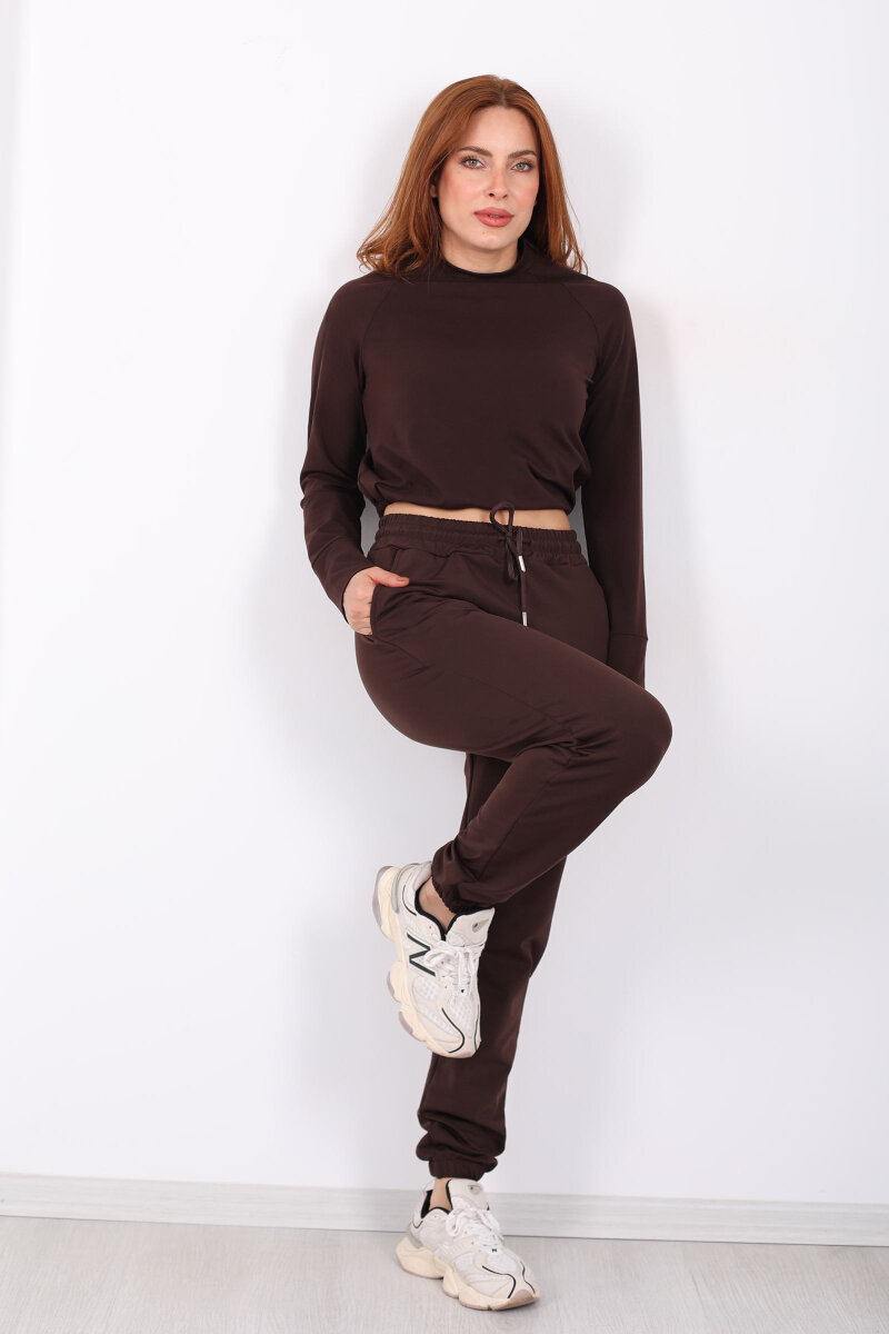 Beli Lastikli Üç İplik Acı Kahve Kadın Jogger Eşofman Altı - 4