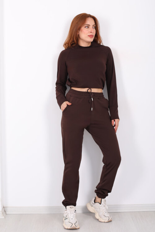 Beli Lastikli Üç İplik Acı Kahve Kadın Jogger Eşofman Altı - Berox