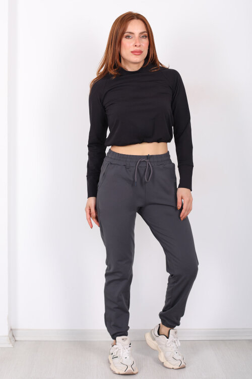 Beli Lastikli Üç İplik Antrasit Kadın Jogger Eşofman Altı - 6