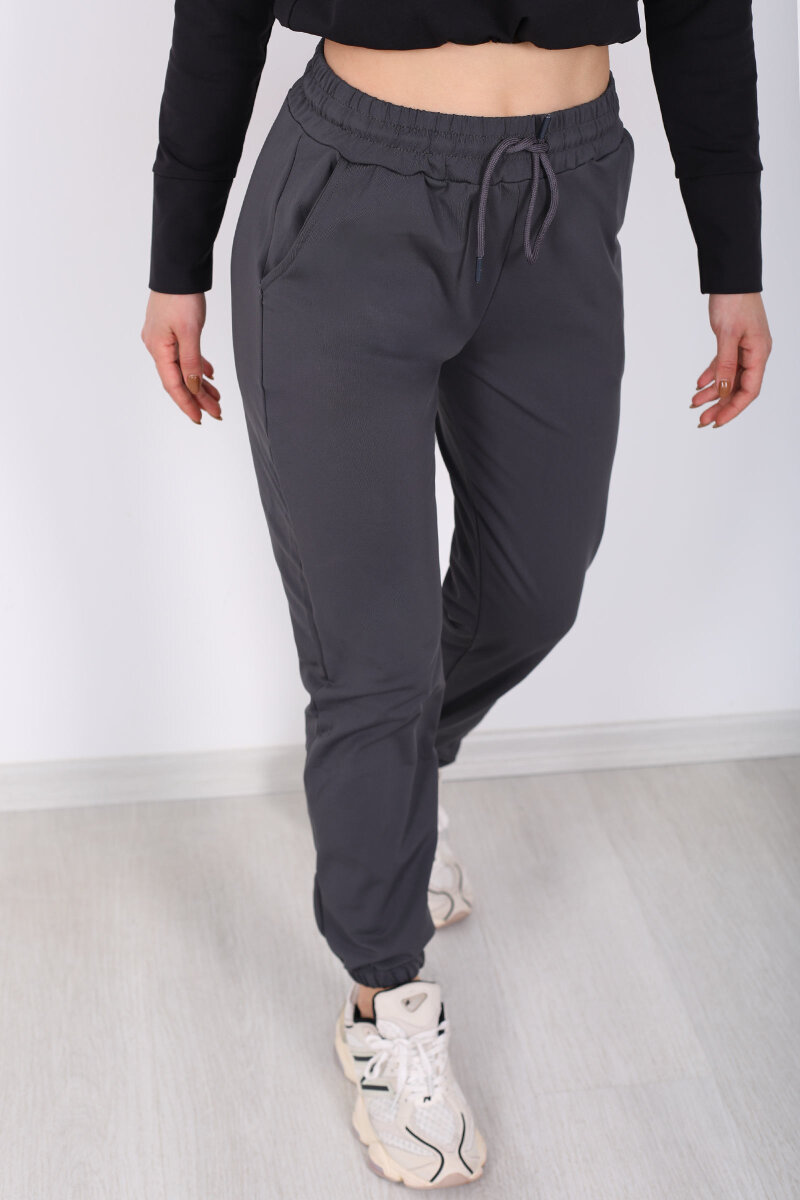 Beli Lastikli Üç İplik Antrasit Kadın Jogger Eşofman Altı - 2