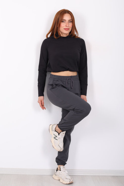 Beli Lastikli Üç İplik Antrasit Kadın Jogger Eşofman Altı - 4