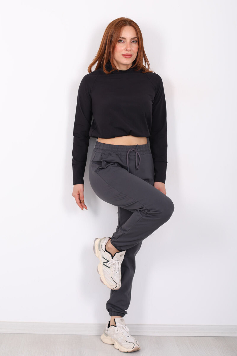Beli Lastikli Üç İplik Antrasit Kadın Jogger Eşofman Altı - 4