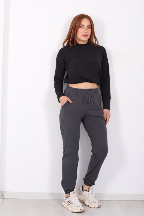 Beli Lastikli Üç İplik Antrasit Kadın Jogger Eşofman Altı - Berox