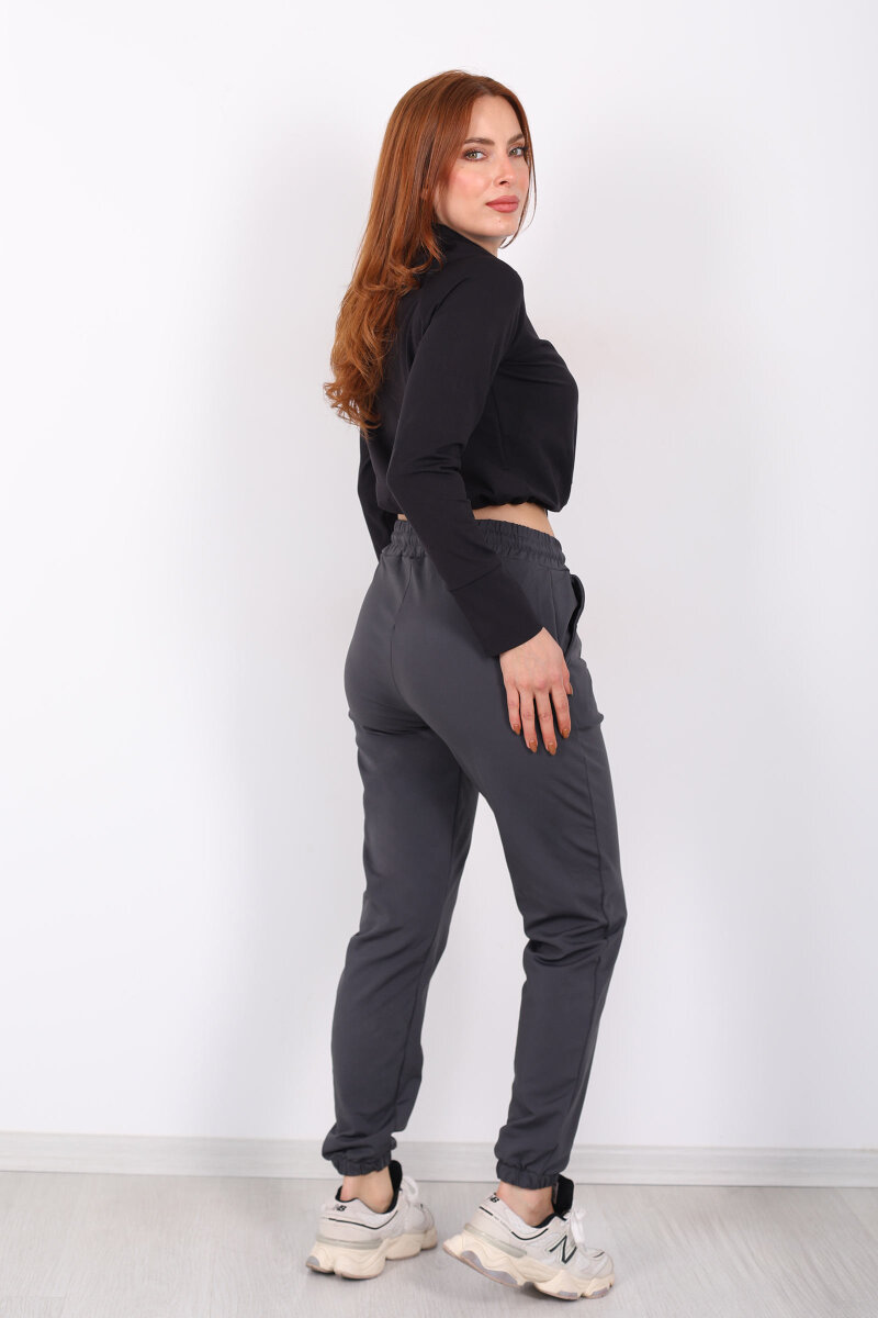 Beli Lastikli Üç İplik Antrasit Kadın Jogger Eşofman Altı - 5